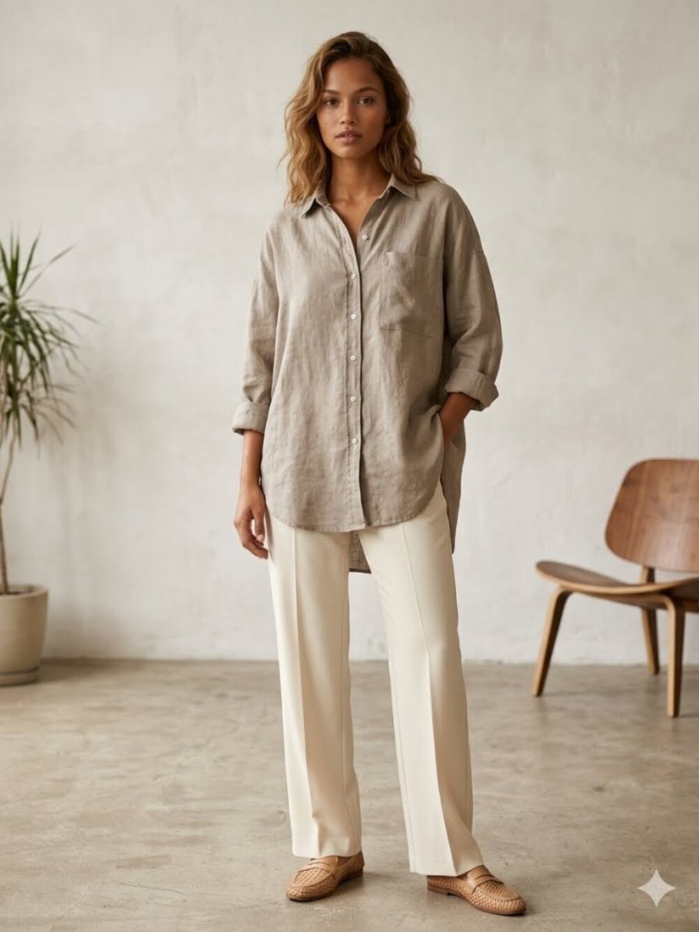 Zara | 100% Linen Button Down Oversized Beige Long Sleeve Shirt Lagenlook XS